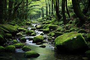 AI generated A serene forest stream flowing over mossy rocks. Generative AI photo