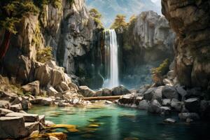 AI generated Crystal clear waterfall cascading down a rocky cliff. Generative AI photo