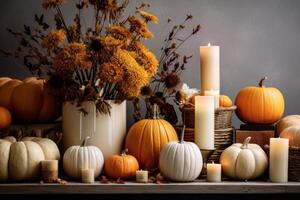 ai generado otoño mesa Bosquejo con calabazas, velas, y otoño-temática decoraciones generativo ai foto