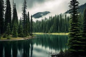 AI generated Majestic evergreen trees lining a serene lake. Generative AI photo