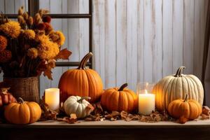 ai generado otoño mesa Bosquejo con calabazas, velas, y otoño-temática decoraciones generativo ai foto