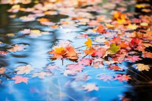 AI generated Colorful leaves reflected in a calm pond. Generative AI photo