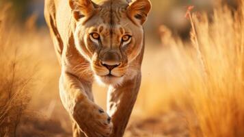 ai generado un cerca arriba de un león caminando mediante un campo. generativo ai foto