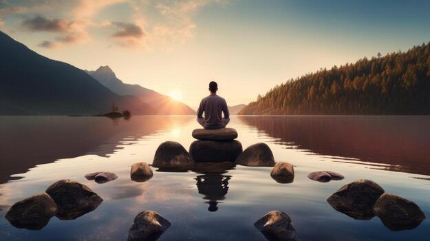AI generated Person practicing mindfulness in a serene setting. Generative AI photo