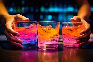 ai generado un cerca arriba de un del barman manos expertamente estratificación diferente de colores líquidos a crear un visualmente maravilloso Ron puñetazo. generativo ai foto