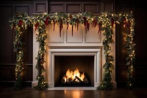 AI generated Festive fireplace adorned with christmas garland and lights. Generative AI photo