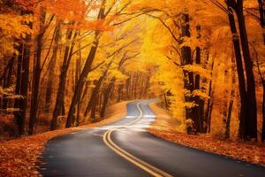 ai generado un la carretera rodeado por ardiente otoño follaje, radiante calor. generativo ai foto