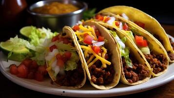 ai generado grasiento y sabroso carne de vaca tacos con sazonado suelo carne de res, queso, y salsa generativo ai foto