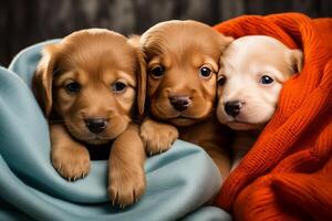 AI generated Three adorable puppies cuddling on a blanket. Generative AI photo