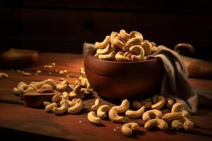 AI generated Cashew nuts on a wooden surface with a rustic feel. Generative AI photo