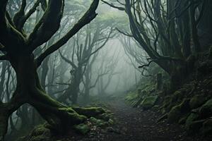 AI generated Mystical forest shrouded in fog, evoking an ethereal atmosphere. Generative AI photo