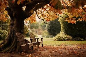 AI generated Leaves falling gracefully in a peaceful garden. Generative AI photo