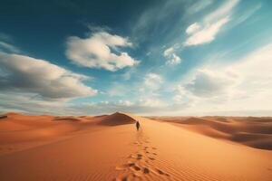 AI generated Desert dunes sky background with a lone traveler in the distance. Generative AI photo