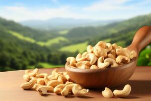 AI generated Cashews in a wooden scoop against a natural backdrop. Generative AI photo