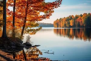 AI generated Autumn foliage and serene waters creating a picturesque natural landscape. Generative AI photo