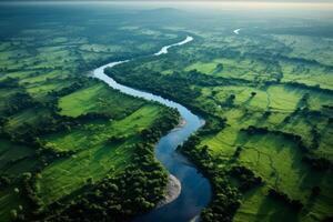 ai generado aéreo ver de un devanado río corte mediante lozano tierras de cultivo generativo ai foto