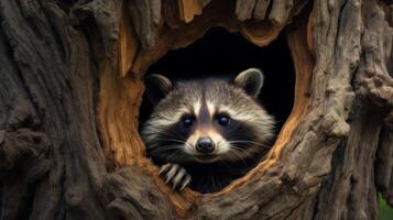 AI generated A raccoon peeks out of a hollow in a tree. Generative AI photo