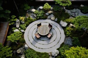 AI generated Aerial shot of a serene garden with a Japanese Zen rock arrangement. Generative AI photo