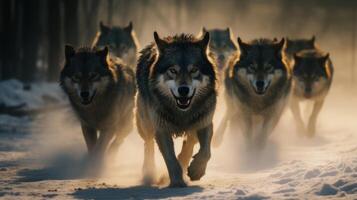 ai generado un grupo de lobos corriendo en el nieve. generativo ai foto