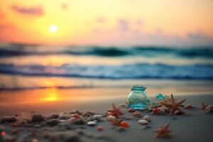 AI generated A glass jar sitting on top of a sandy beach. Generative AI photo