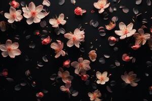 AI generated A black background with floating petals. Generative AI photo