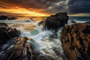 AI generated Rocky shoreline meeting crashing waves under a dramatic sky. Generative AI photo