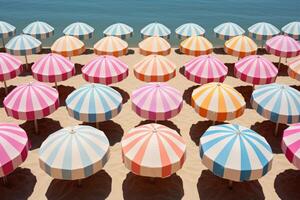 AI generated A perfectly aligned row of colorful beach umbrellas. Generative AI photo