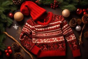 AI generated Cozy Christmas sweater flatlay with knitted patterns, mittens, and a warm scarf. Generative AI photo