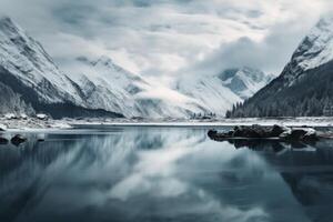 AI generated A calm lake surrounded by snow-covered peaks in a winter wonderland. Generative AI photo