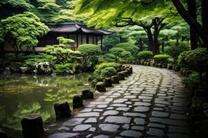 AI generated A road through a tranquil Japanese garden, exuding serenity. Generative AI photo