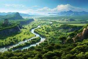AI generated Verdant valley and meandering river creating a tranquil natural setting. Generative AI photo