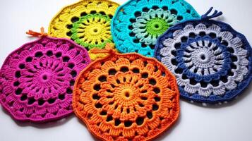 AI generated Crocheted potholders in bright color. Generative AI photo