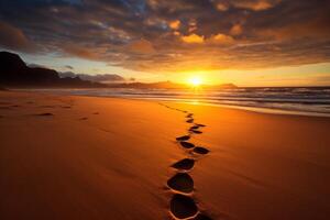 AI generated Footprints in the sand leading towards the sunrise. Generative AI photo