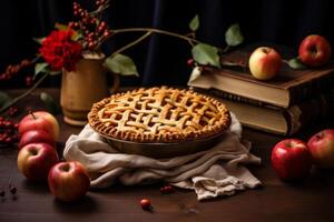 ai generado saludable otoño mesa Bosquejo con un cesta de manzanas, un tarta, y un receta libro. generativo ai foto