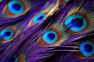 AI generated Macro image showcasing the intricate patterns of a peacock feather. Generative AI photo