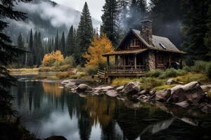 ai generado rústico cabina anidado en un pintoresco paisaje. generativo ai foto