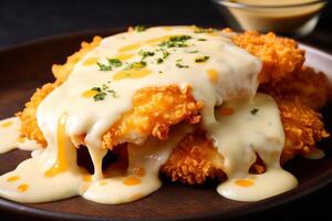 AI generated Close ups of crispy chicken cutlets being layered with cheese and sauce. Generative AI photo