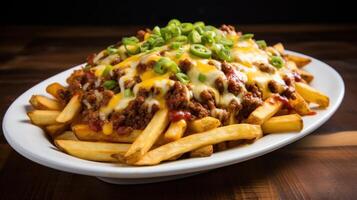 AI generated Greasy and mouthwatering chili cheese fries. Generative AI photo