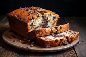 AI generated A slice of chocolate chip banana bread. Generative AI photo