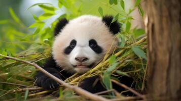 ai generado un panda oso sentado en un árbol mirando a el cámara. generativo ai foto