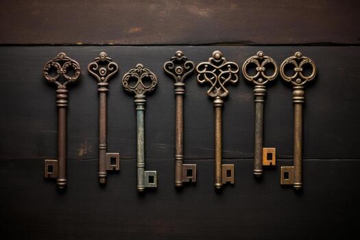 AI generated A set of antique skeleton keys with rusted patina. Generative AI photo