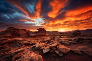 AI generated Rocky desert landscape painted with shades of orange during sunset. Generative AI photo
