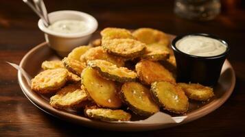 AI generated Irresistible and greasy fried pickles. Generative AI photo