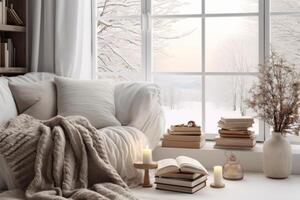 AI generated Cozy winter living room mockup with warm blankets, books, and snowy decor. Generative AI photo