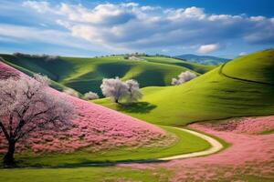 AI generated Rolling hills painted with the colors of spring blossoms. Generative AI photo