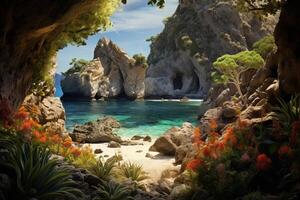 AI generated Secluded beach framed by rocky cliffs and vibrant vegetation. Generative AI photo