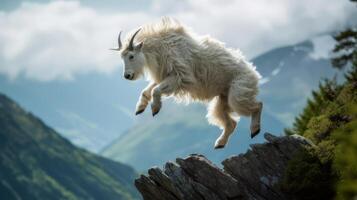 AI generated Mountain goat leaping off a cliff in mid-air. Generative AI photo