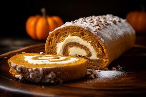 AI generated A slice of pumpkin roll with cream cheese filling. Generative AI photo