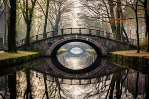 AI generated A symmetrical reflection of a bridge spanning across a peaceful canal. Generative AI photo