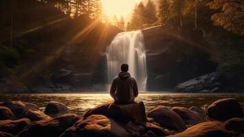 AI generated Person sitting on a rock, gazing at a majestic waterfall. Generative AI photo